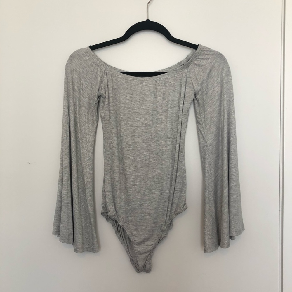 Gray Bodysuit with Bell Sleeves, Off-the-shoulder
